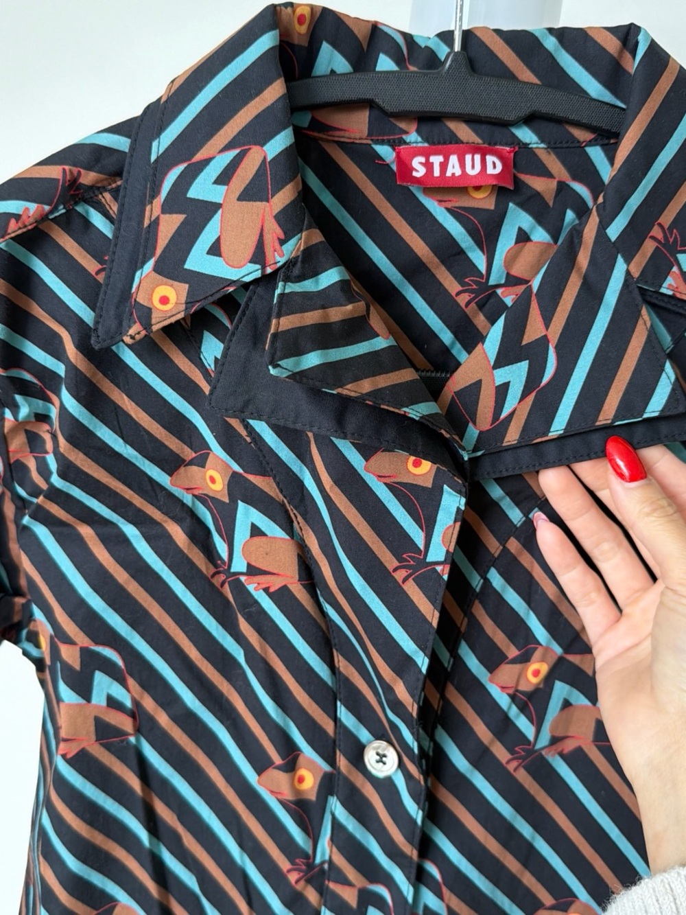 STAUD Black Button-Up Shirt Dress with Teal and Brown Graphic Stripes